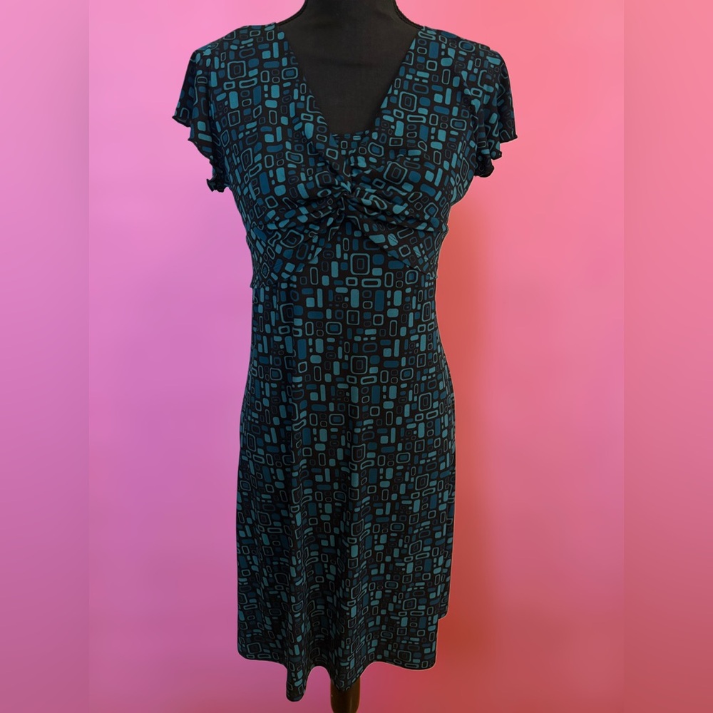 Vintage Y2K Perseption Black & Aqua Blue Geometric Square Mallcore Mini Dress PS